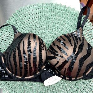 NWT Victoria Secret Black Sequin Bra size 36 C. Padded with blush undertone.